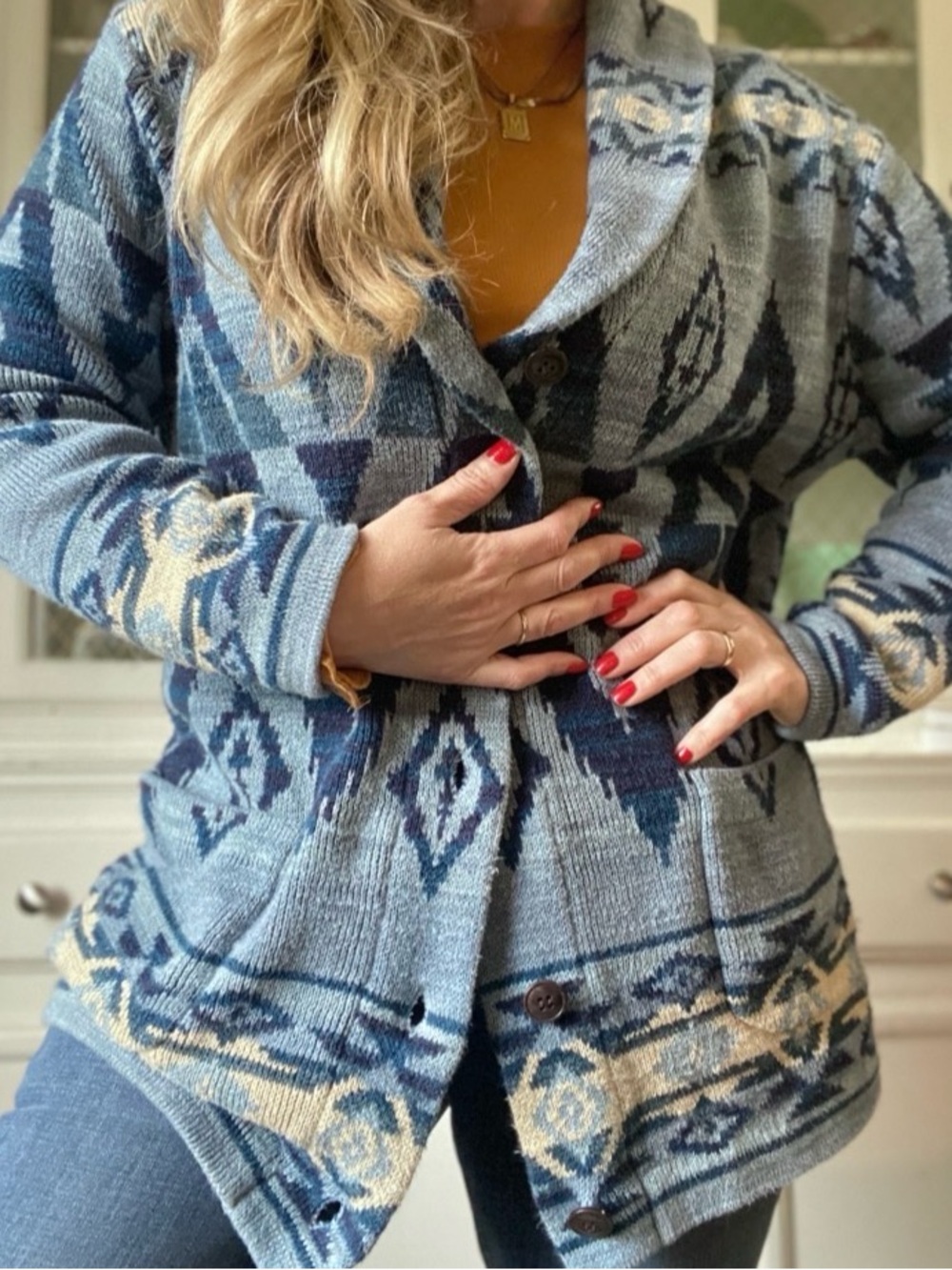 Ralph Lauren Polo Southwestern Motif Cotton Chunky Knit Cozy Long Cardigan 90s